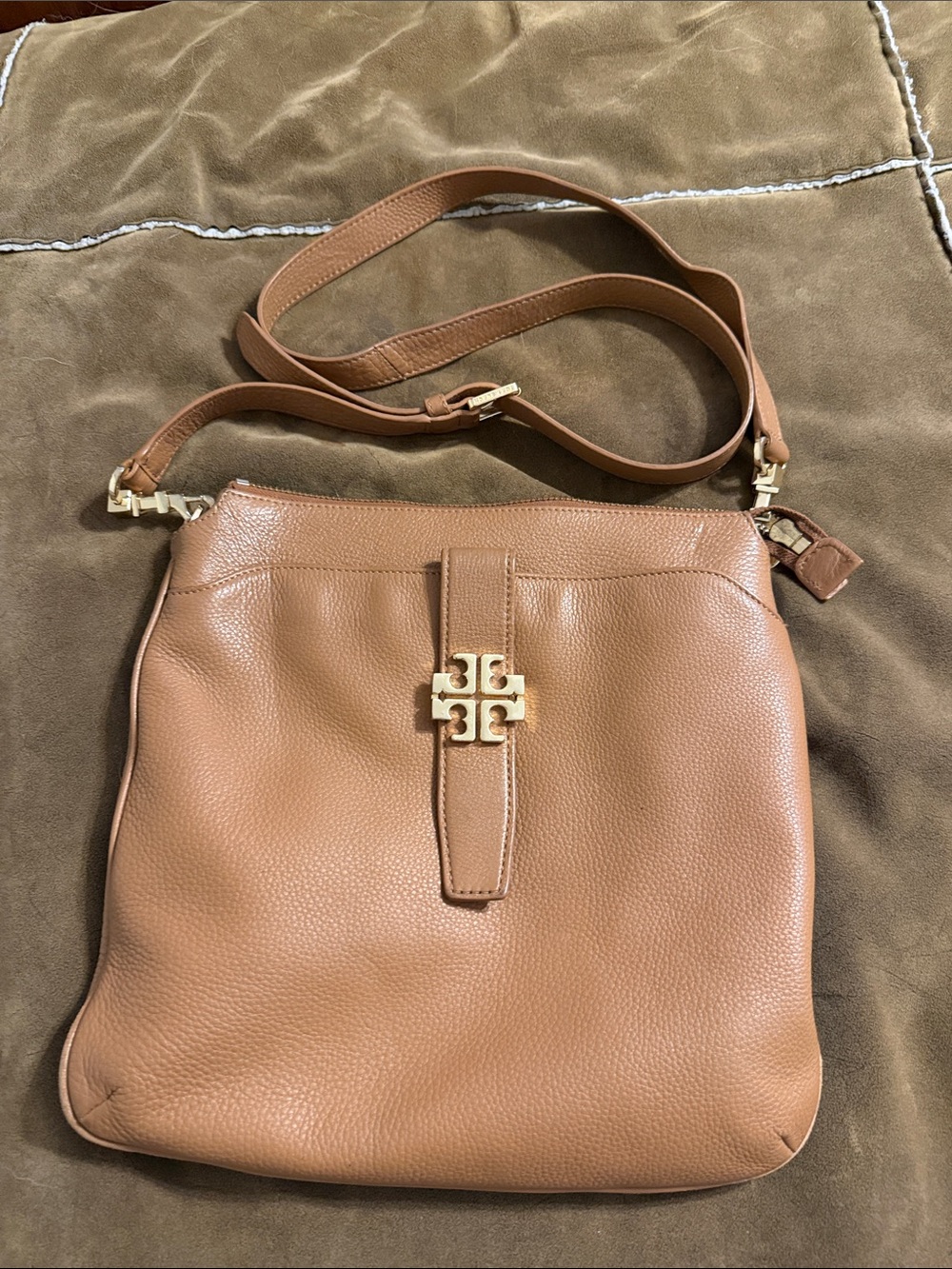 Tory Burch Tan Pebbled Leather Crossbody with Gold Logo